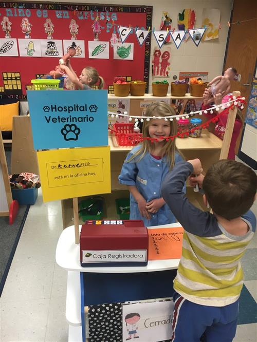 Students at Centers in our Spanish Immersion Preschool class 
